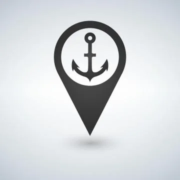 Dark map pointer with anchor symbol icon. Vector illustration isolated on white. Stock Illustration