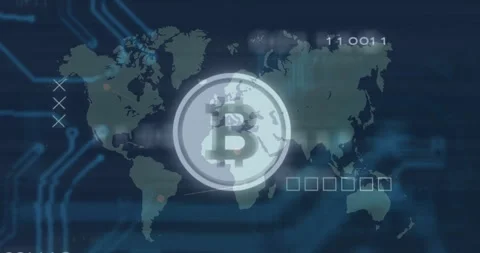 Dark map showing nodes initiating Bitcoin symbol fading in, connection lines Stock Footage 313639518