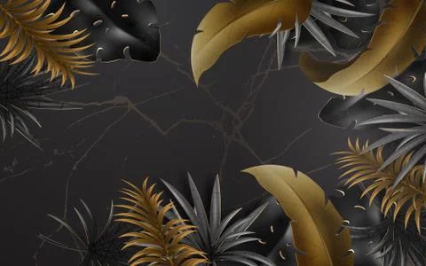 Dark marble background, dark gray and light brown large tropical leaves Stock Illustration