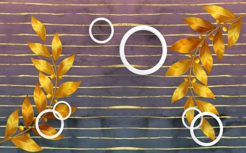 Dark marble background, white rings, golden branches with leaves Stock Illustration
