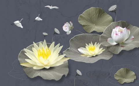 Dark marble background, yellow and white water lilies, three cranes Stock Illustration