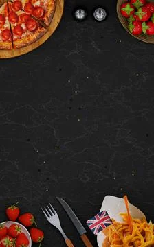 Dark marble pattern table There is pizza on the wooden cutting board And fren Stock Illustration