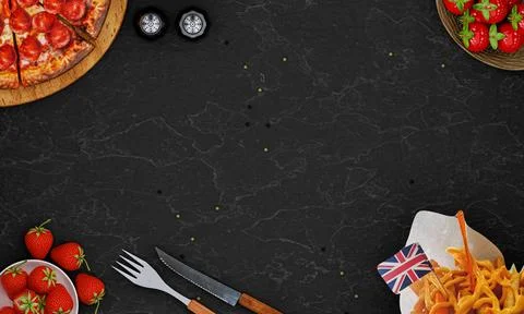 Dark marble pattern table There is pizza on the wooden cutting board And fr.. Stock Photos