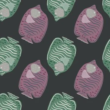 Dark marine seamless pattern with ocean pale lilac and green butterfly fish o Illustrazione stock