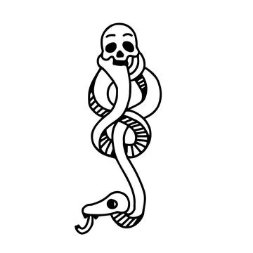 Dark Mark Skull with a Snake in cartoon outline doodle style. Stock Illustration