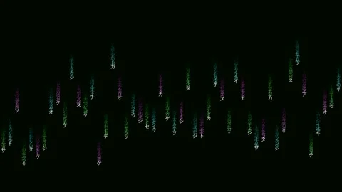 Dark Matrix Digital Rain with Colorful Glowing Japanese Katakana Stock Footage 340341275
