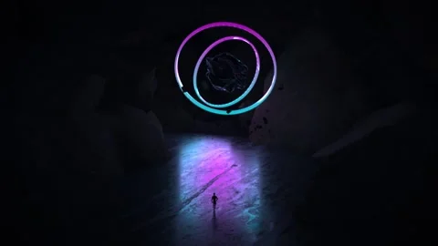 Dark matter with neon light inside big cave 3d concept art render Stock Footage 136890973