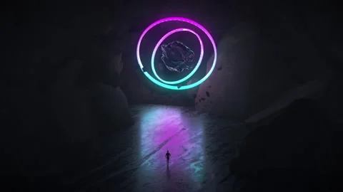 Dark matter with neon light inside big cave 3d concept art render glow Stock Footage 136901129