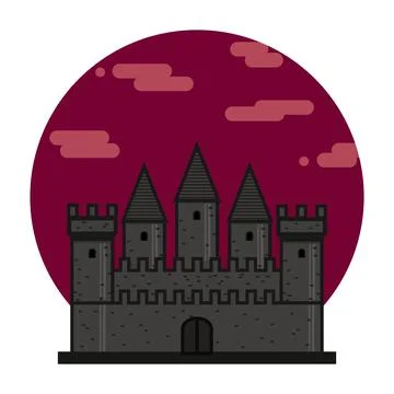 Dark Medieval castle flat icon. Fortress on red bloody sky circle Illustrazione stock