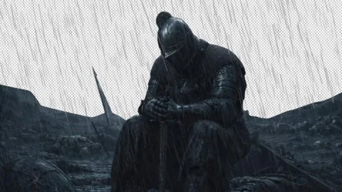 Dark Medieval Knight Sitting in Rain on Battlefield Cinematic Scene Stock Footage 332970324