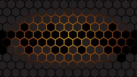 Dark metallic honeycomb hexagonal pattern background with glowing golden light Stock Illustration