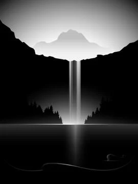 Dark minimal vector landscape with waterfall, lake and mountain peak Stock Illustration
