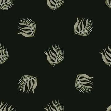 Dark minimalistic seamless pattern with grey tropic leaves branches print. Bl Stock Illustration