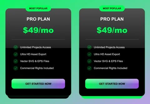 Dark Mobile Subscription Cards With Green Pricing Illustrazione stock