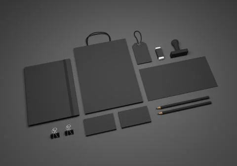 Dark mock-up 3d illustration with tablet and shopping bag Illustrazione stock