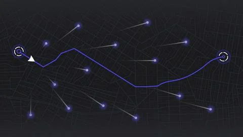 Dark mode city map with blue navigation route and tracking arrow. Vector Stock Illustration