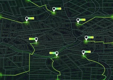 Dark mode city map with glowing green tracking routes and time estimate pins Stock Illustration
