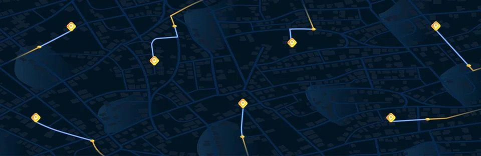 Dark mode city map with highlighted routes and destination pins. Minimalist city Illustrazione stock