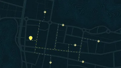 Dark mode city map interface with route tracking and glowing location pins 스톡 일러스트