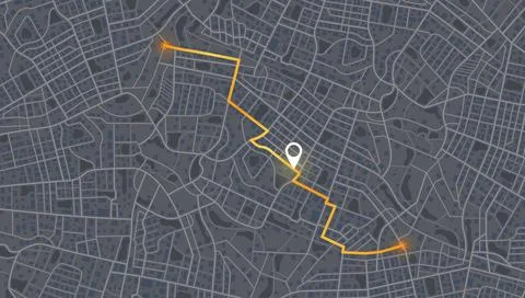 Dark mode city map navigation with orange route line and white location pin Stock Illustration