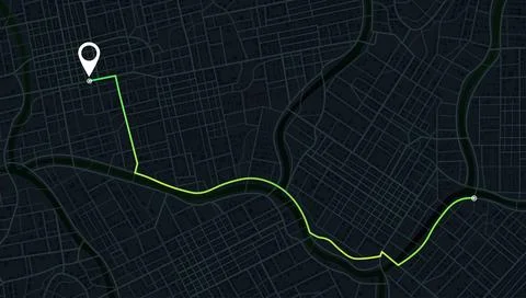 Dark mode city navigation map with green tracking route and white location pin Stock Illustration