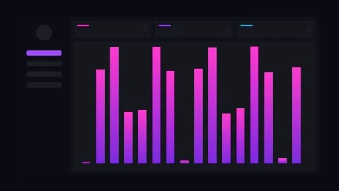 Dark mode dashboard with a large gradient bar chart, violet and magenta neon Stockbeeldmateriaal 341496758