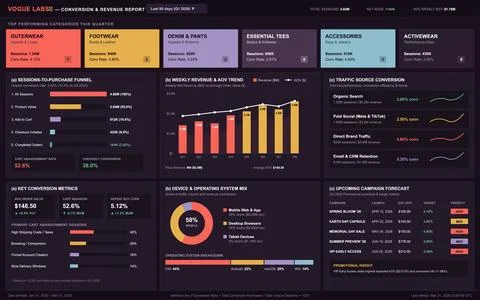 Dark mode digital interface displaying retail sales performance, conversion f Stock Illustration
