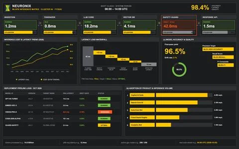 A dark mode digital interface displaying real-time analytics, latency trends, Stock Illustration