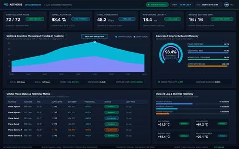 A dark mode digital interface displaying satellite fleet status, orbital tele Illustrazione stock