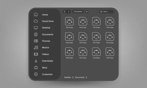 Dark mode file manager user interface design with vector EPS icons Stock Illustration