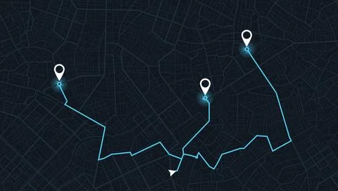 Dark mode GPS navigation map with light blue multi-stop route path and three Stock Illustration