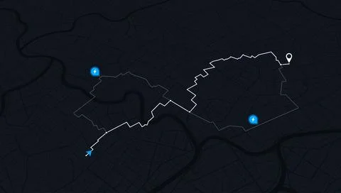 Dark mode GPS navigation map with electric vehicle charging stations and route Stock Illustration