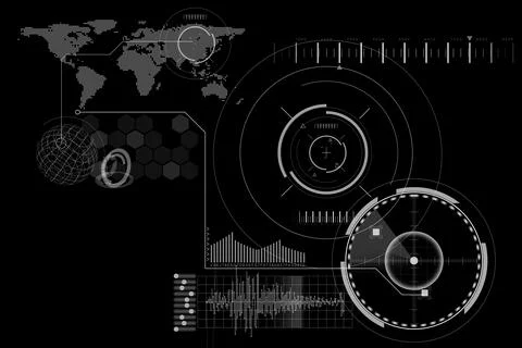 Dark-mode HUD is featuring large concentric reticle alongside dotted map, bar Foto stock
