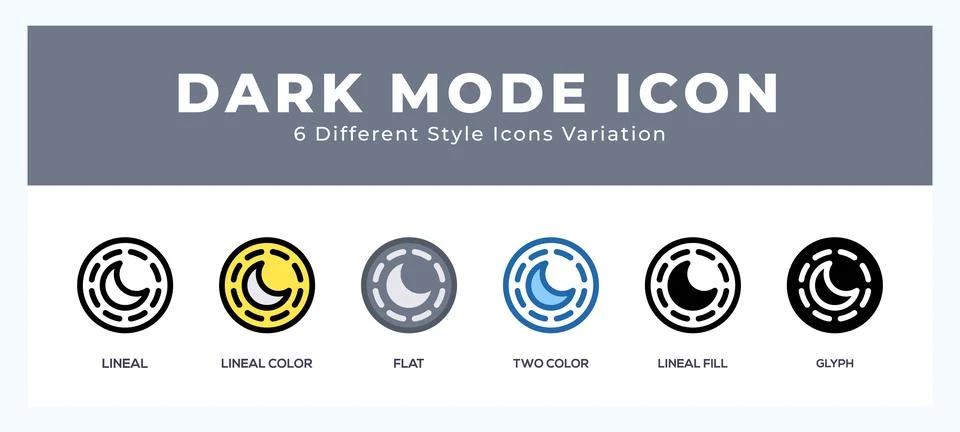Dark mode icon set with different styles. Design elements for logo. Vector .. 스톡 일러스트