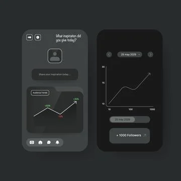 Dark Mode Mobile App Interface Design Featuring Analytics Dashboard and Soc.. Stock Illustration