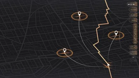 Dark mode navigation dashboard with city map, orange route path and gps tracking Stock Illustration