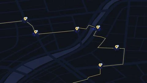 Dark Mode Navigation Map with Delivery Route and Stopping Points. Stock Illustration