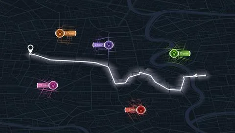 Dark mode navigation map with glowing route path and colorful travel time Stock Illustration
