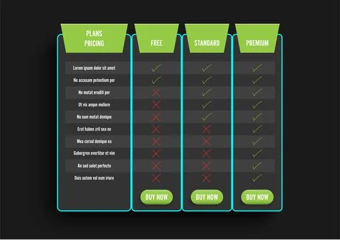 Dark modern pricing table with green recommended option. Comparison pricing l Stock Illustration