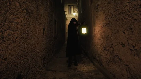 Dark Monk With The Lanter Inside The Ancient Walls Stock Footage 301918918