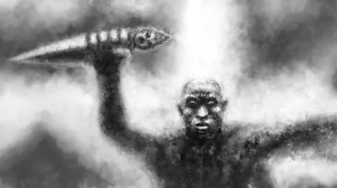 Dark monk raises a ritual dagger above his head. Worship of ancient gods. Ray Stock Illustration