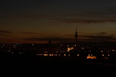 Dark mood MADRID LANDSCAPE silhouette of buildings at night Stock Photos