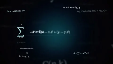 A dark, moody composition featuring various floating mathematical formulas .. Stock Footage 346326672