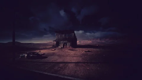 Dark moody landscape with storm clouds over abandoned structure Stockbeeldmateriaal 334331998