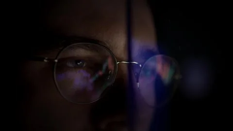 Dark Moody Screen Light Reflection In Glasses Late Night Computer Work Stock Footage 297322172