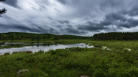 Dark moody storm over marshy lake Stock Footage 94940486