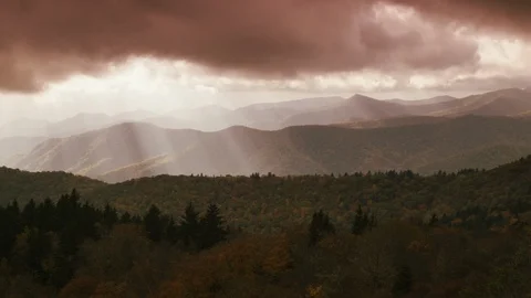 Dark, moody sunset clouds Blue Ridge Mountains from the Blue Ridge Parkway Video stock 103395338