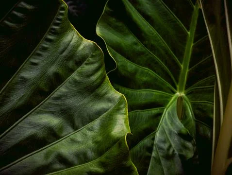 Dark Moody Tropical Leaf Texture with Deep Green Veins, Close-Up Botanical .. Stock Photos