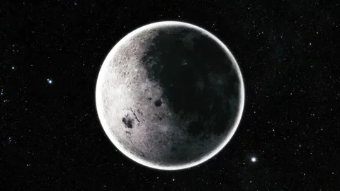Dark moon or planet in deep space with bright rim light and starry background Stock Footage 337080305