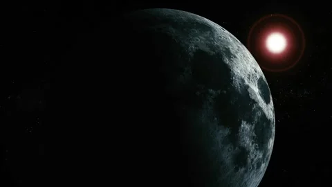 Dark moon or planet with a glowing edge in deep space, with a bright sun or.. Stock Footage 340389635